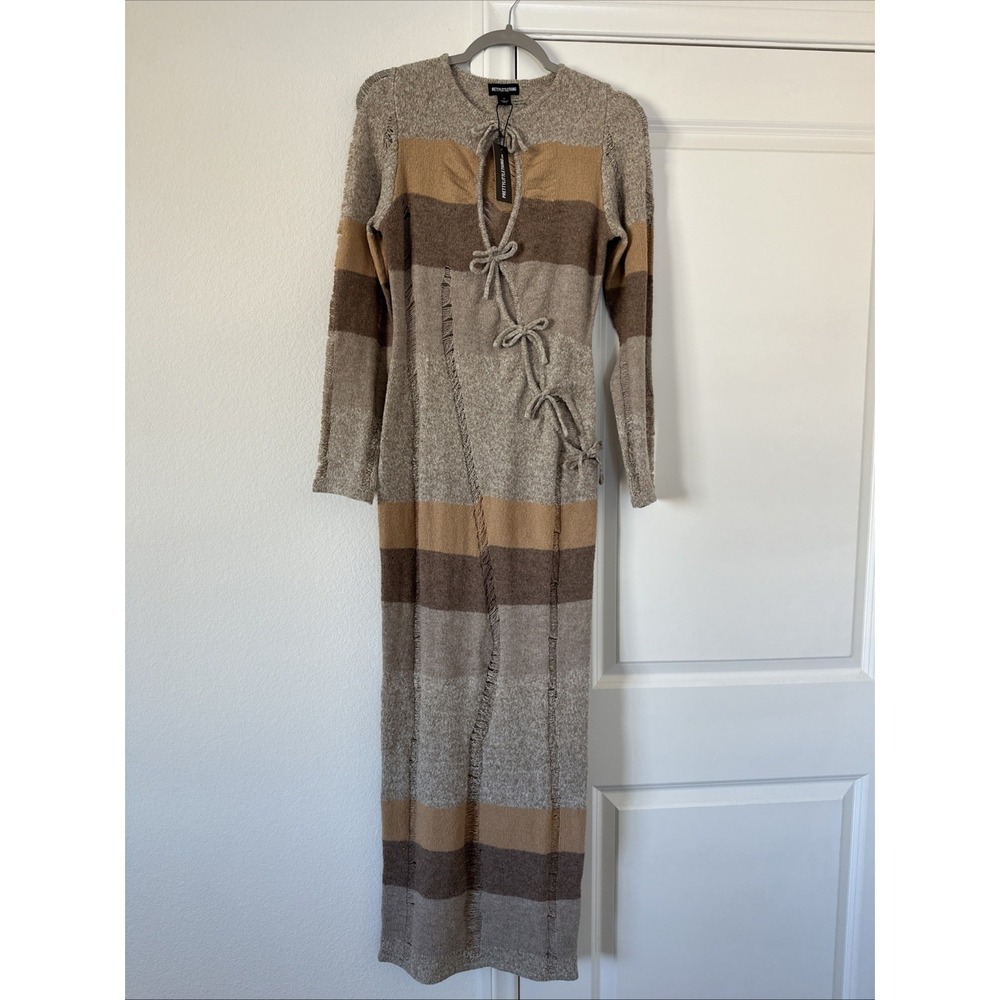 PrettyLittleThing Mocha Tie Front Distressed Knot Bardot Maxi Dress Size Med